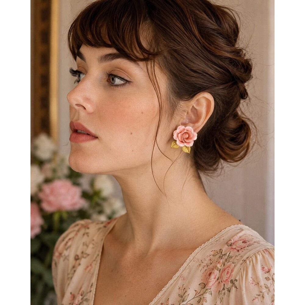 Vintage Pink Rose Clip-On Earrings Gold Floral Cottagecore Wedding